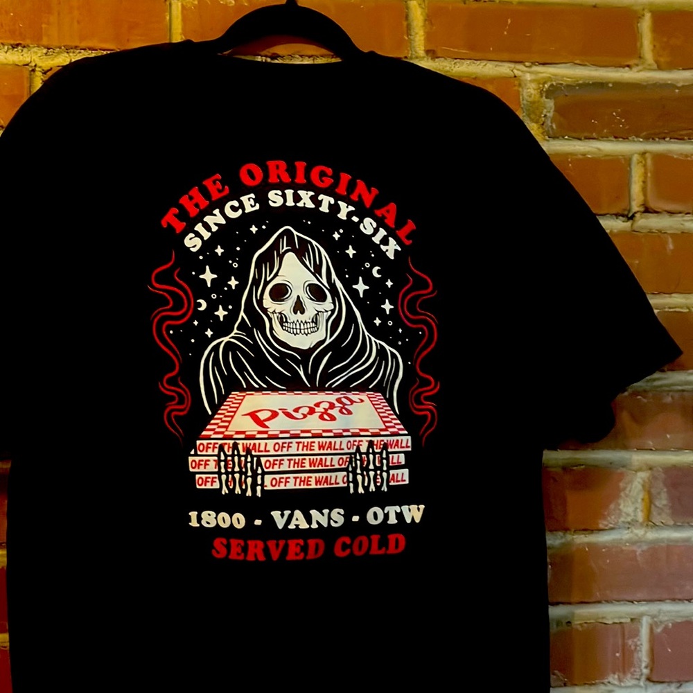 Men’s Vans TShirt - Skull Pizza Delivery graphic